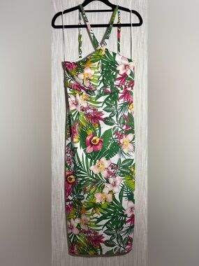 Bettie Page Cross my Heart Floral One-Piece Dress in White, Green & Pink